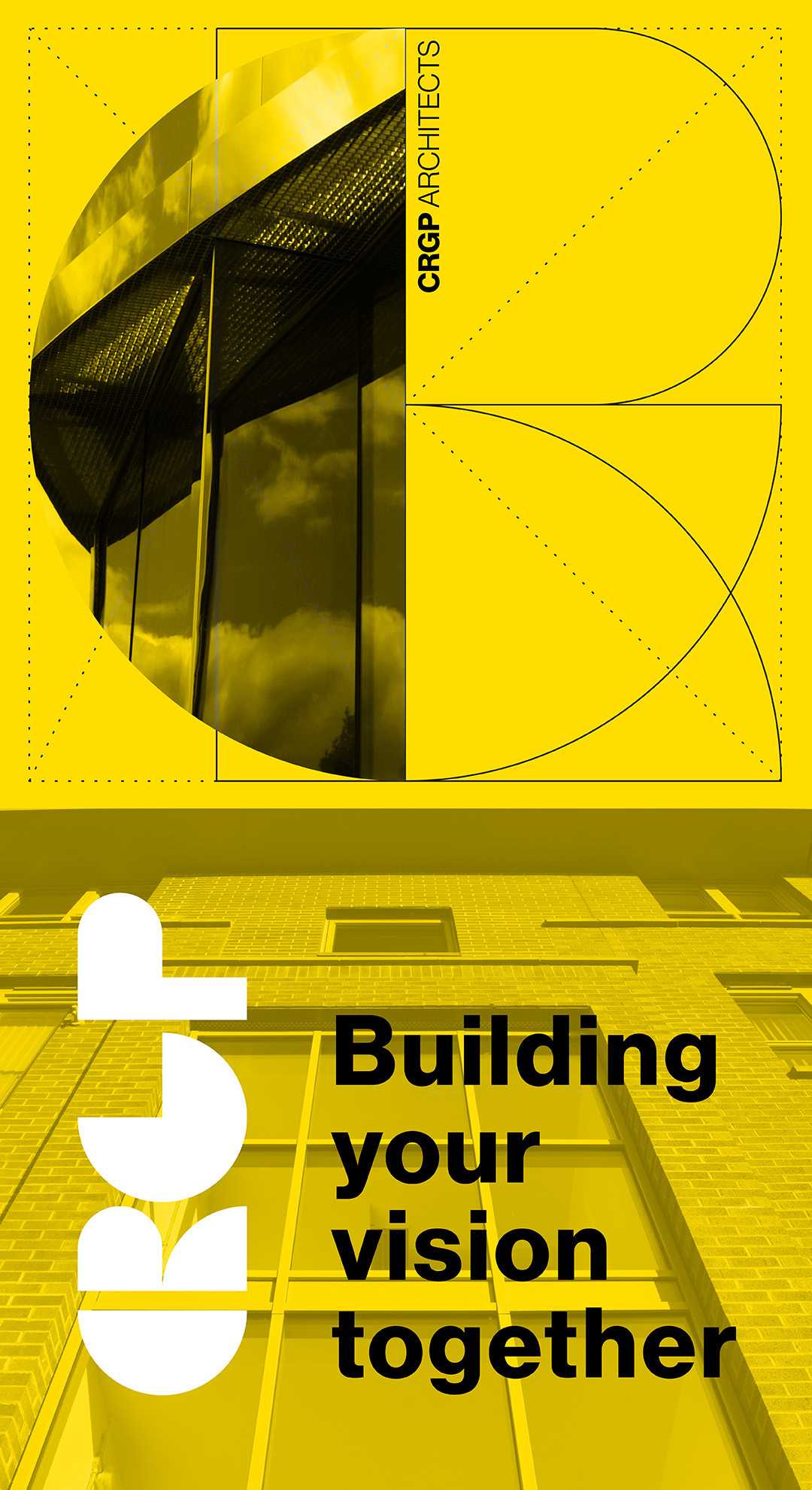 CRGP Homepage banner for mobile, showing a stylised, half-circle crop of a completed building project to the top, with the CRGP logo and tagline 'Building your vision together' to the bottom